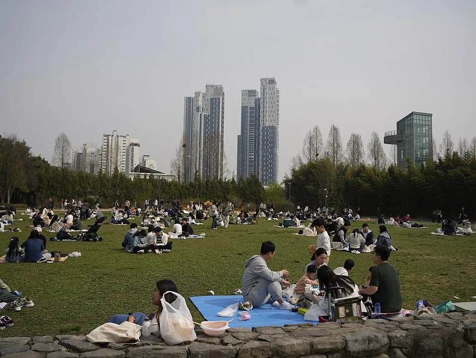 Visitors picnicking on the lawn of Seoul Forest in spring, with high-rises behind
